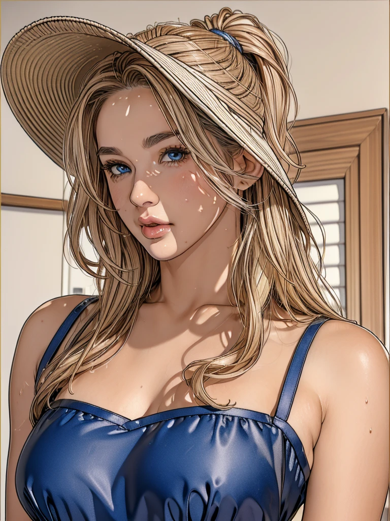 (best quality,high resolution,ultra-detailed,masterpiece:1.2), messy, wavy blonde hair, adult, captivating blue eyes, ponytail, attention to handsome face, casual clothes, appealing, complex eye and facial features, tanned skin, stylishly pose with a deep 10-gallon hat, touching the brim edge.