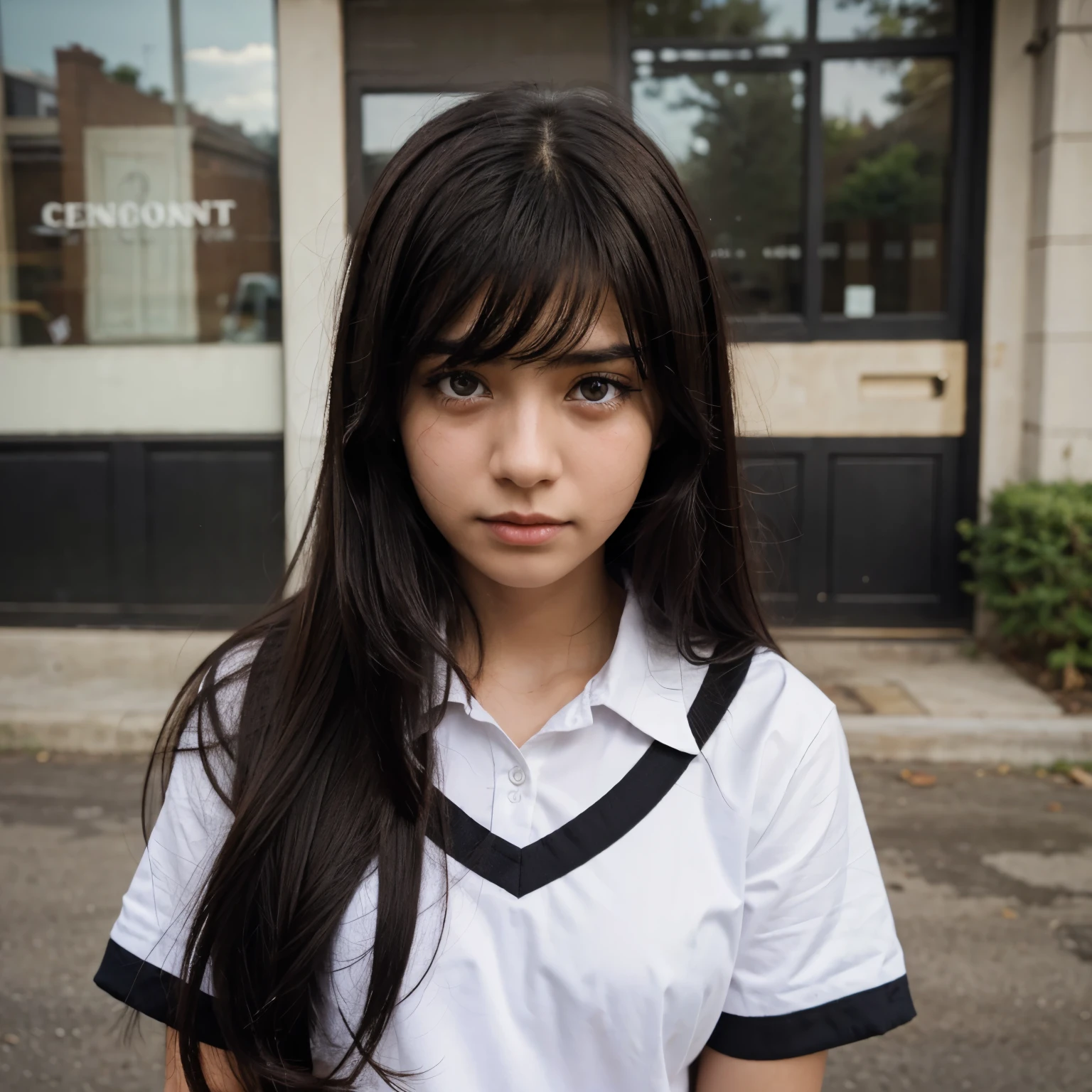 Can generate girls collage wearing uniform crying teen her hair is black then little lightly brown just little