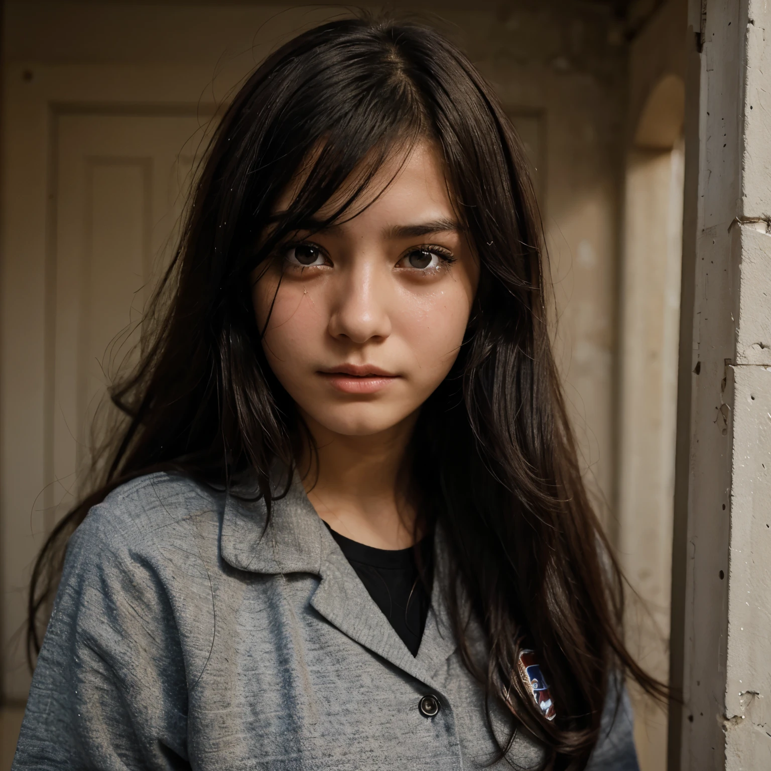 Can generate girls collage wearing uniform crying her hair is black then little lightly brown just little