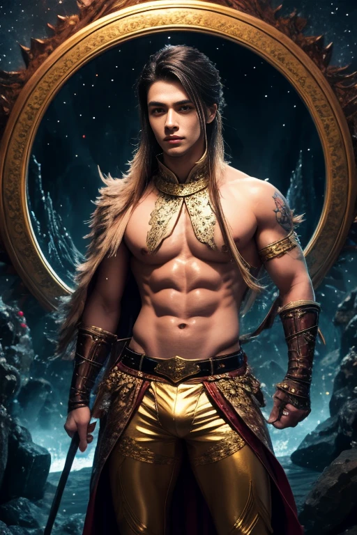 handsome young man, 25 years old, Asia, expert'your work, Best picture quality, higher quality, Highly detailed, Ultra high resolution, 8k resolution, delicate facial features, boy, Big muscles, tattoo, glowing eyes, short hair, hair details, [[turn away, look to the side, Focus on homosexuality and pay attention to every detail.. , Open Hanfu Sheer Gauze Jacket, no bottoms,Wear white underwear,blue crystal belt, at night, starry sky, flying flowers. waterfall, mountain, dragon circle, Chinese patio background (((((Convex crotch))))),decorated with crystals,crystal rod,pile of crystals,crystal floating in the air