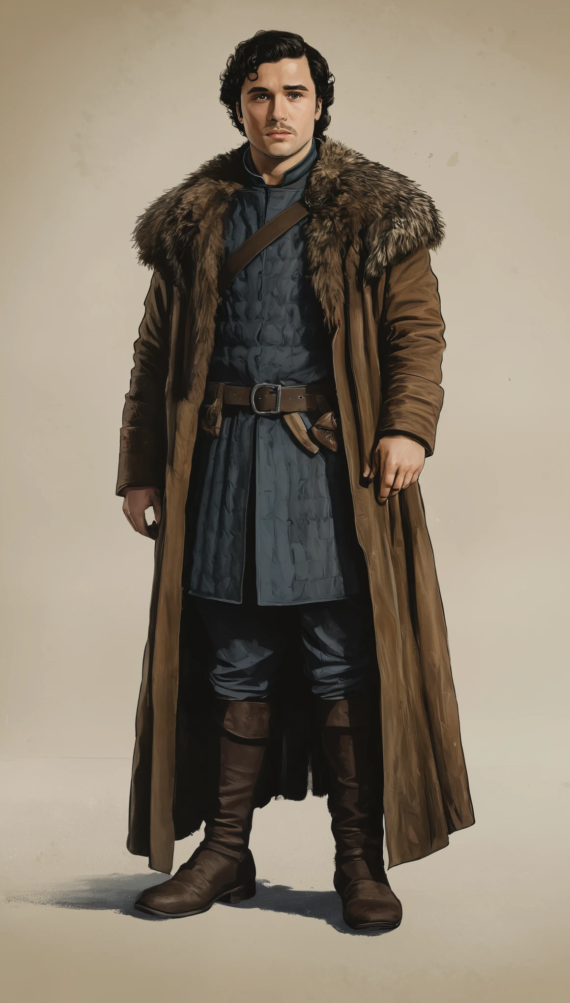 An illustrated movie poster, hand-drawn, full color, a Westerosi man, 28 years-old, wearing a long coat, resembles Gavin Leatherwood, sun-tanned skin, stocky physique, deep brown eyes, wide bulbous nose, black hair, short curly hair, thick bushy eyebrows, extremely hairy chest, stomach, and arms, lots of body hair, posing on a pedestal, hard shadows, graphite shading, stencil markings, airbrushed acrylic paint, masterpiece, in the style of Game of Thrones