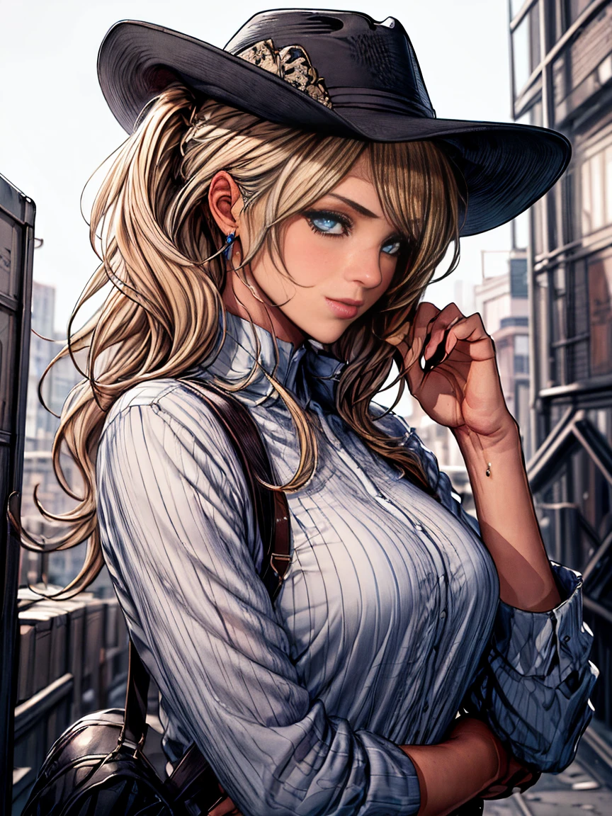 (best quality,high resolution,ultra-detailed,masterpiece:1.2), messy, wavy blonde hair, adult, captivating blue eyes, ponytail, attention to handsome face, casual clothes, appealing, complex eye and facial features, tanned skin, stylishly pose with a deep 10-gallon hat, touching the brim edge.