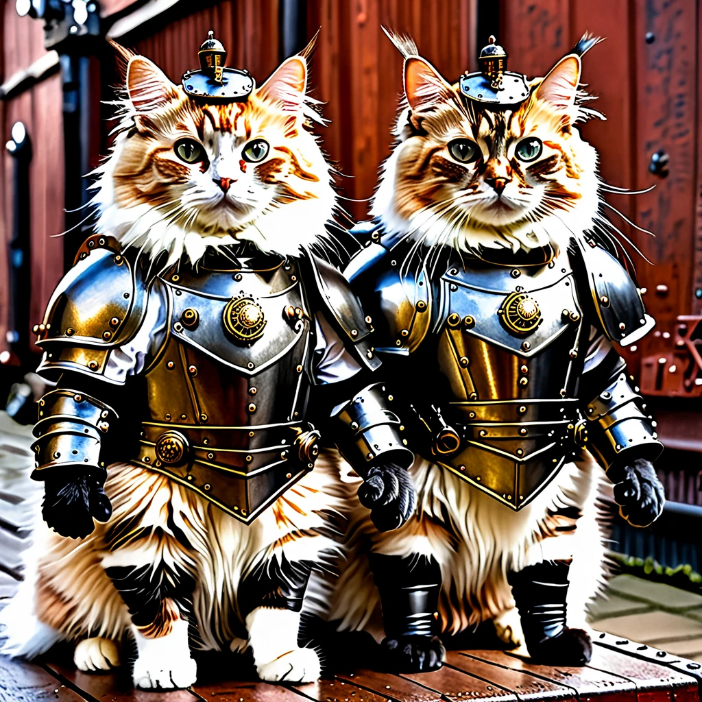 A couple cat soldiers. a fluffy tummy cat with full armour on the shoulders and arms, and legs. Steampunk style, in action