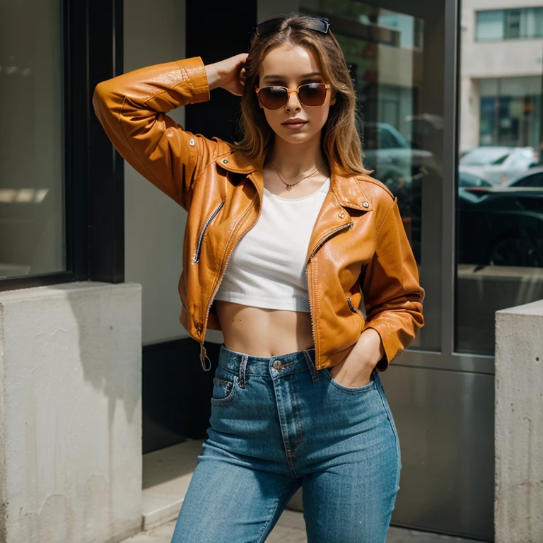 Zara Larsson dressed in orange leather jacket and jeans with sunglasses