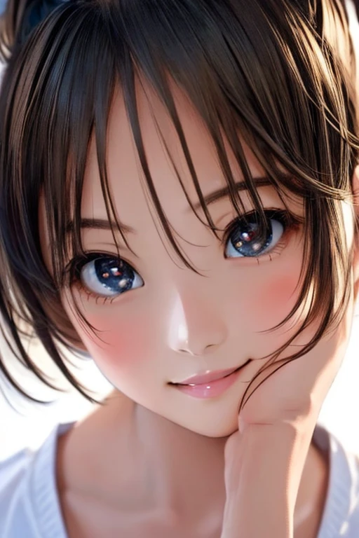 (超A high resolution、Photoreal、realistic、highest quality、Photoreal)、
(((high detail skin))),(real person,picture),
((mix 4)),
(8K、Raw photo、highest quality、masterpiece)、(1 Japanese girl)、photon mapping、radio city、Physically based rendering、auto white balance、((close up of face、unforgettable smile、moist lips、short hair)))、
(blush|cute and playful|adorable|thin|beautiful girl||childish look)、(((look at the audience)),((The iris and pupil are round,,Pupils reflect the surroundings,eyes are not the same size)), ((((thin)))),underwear、lingerie、healthy、ponytail