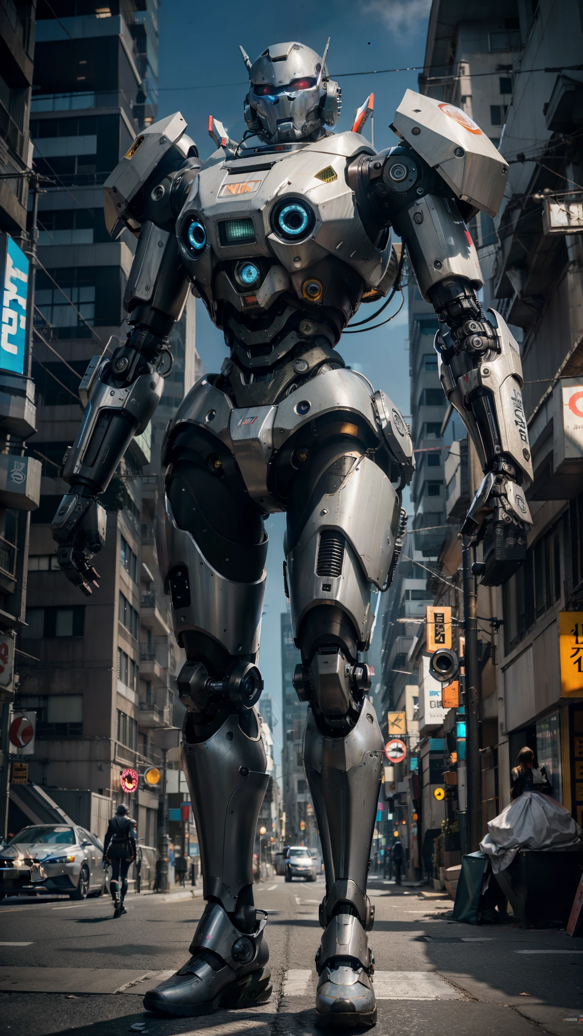 There is a robot that is standing on a city street, ciber yo, beautiful robot character design, robot de cuerpo completo, Profundo Cyberpunk Mechanoid, painterly humanoid mecha, mecha inspirado, mech robot futuristic, Arte digital 4k muy detallado, robot ciberpunk, tremendo robot mecha, chica anime cyberpunk mech, y mumford. Renderizado de 8 k de octanaje, mechanical body