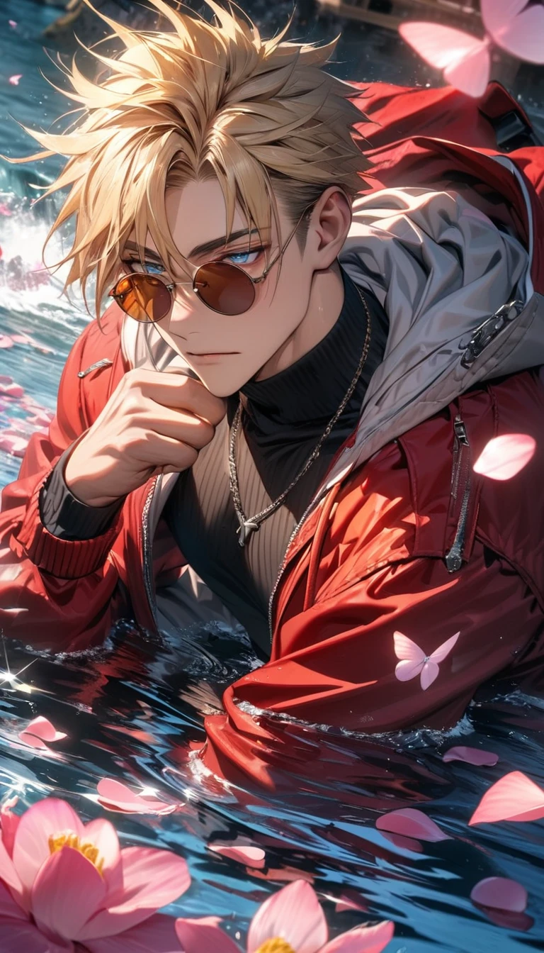 absurdres, highres, ultra detailed, HDR), master piece, best quality, Vash Stampede, blond hair, expressive blue eyes, amber round sunglasses, Trigun, red jacket with a hoodie, black turtleneck shirt, 1man, handsome, water, pink petals, pink flowers, pink butterflies