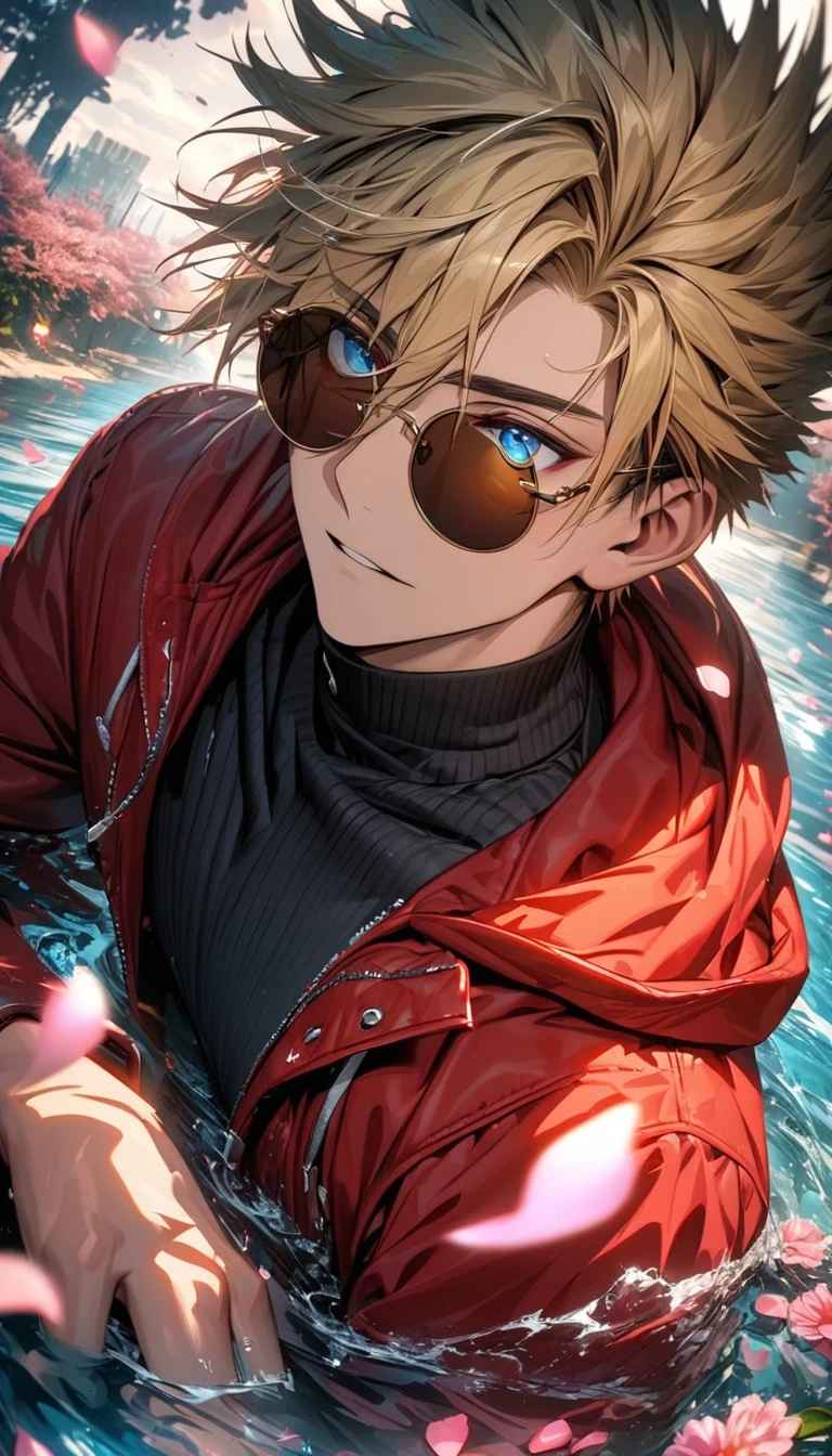 absurdres, highres, ultra detailed, HDR), master piece, best quality, Vash Stampede, blond hair, expressive blue eyes, amber round sunglasses, Trigun, red jacket with a hoodie, black turtleneck shirt, 1man, handsome, water, pink petals, pink flowers, pink butterflies