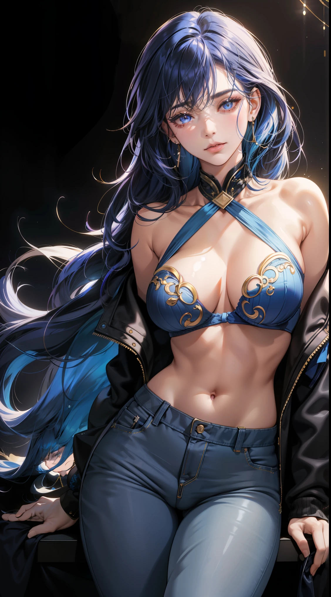 (best quality:1.5, highres, UHD, 4K, detailed lighting, shaders), best quality eyes, perfect hands, perfect finger, blue floral haired, gradient hair, big breasts, blue bra, big thighs, big butt, blue jacket, blue long pants, mature woman , (pov), black background, colorful eyeshadow, dramatic lighting, sparkling eyes, sensual expression, golden earrings, flowing hair, delicate facial features, dark skin, high cheekbones, urban setting, black background, dont look for the camera, lean forward, behind the camera