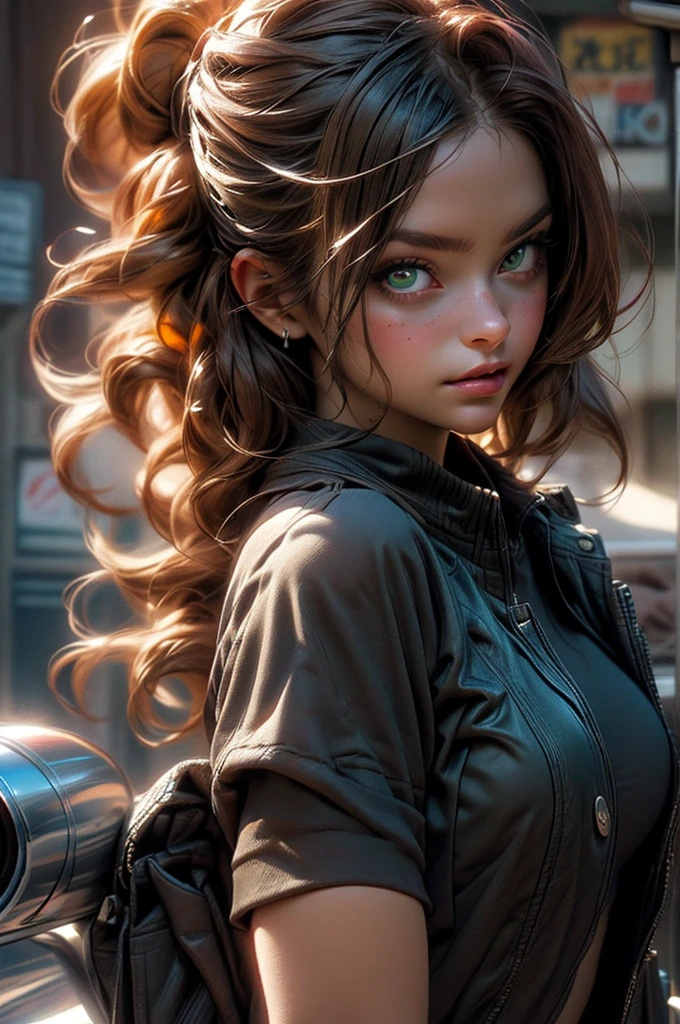 wide shot:1.6, Unreal Engine:1.4, Ultra realistic CG K, Photorealistic:1.4, Skin texture:1.4, artwork 1 young woman red hair green eyes lips, full and a sensual smile, punk style hairstyle with a side shaved head, tattoos, Gatling gun, box, looking at viewer, dynamic pose, blows, ammunition belt, gloves, large breasts not disproportionate, Shooting, Extremely detailed:1.4, more detailed, optical mix, playful patterns, animated texture, visual effect unique, pink leather miniskirt, pink jacket, masterpiece, ((colors, cyan, green, pink, brown: 1.2)), 8k realistic digital art.)), 32k