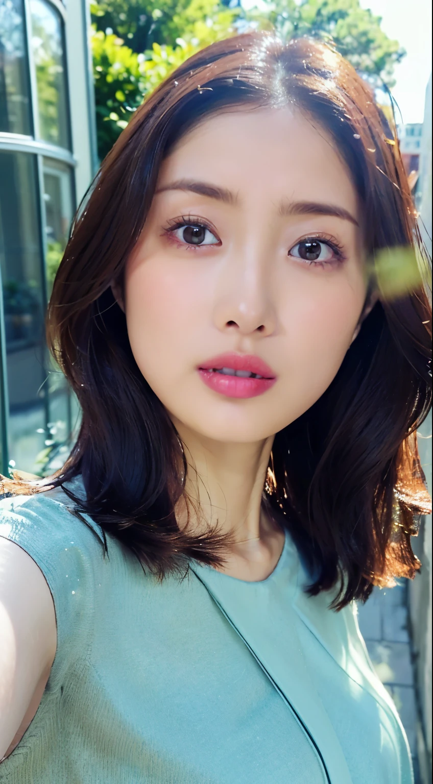 (table top:1.3), High resolution, super detailed, Highly detailed CG Unity 8K wallpaper, realistic, Photoreal, Raw photo, beautiful and detailed face, pale skin, realistic glowing skin, fine cloth texture, detailed hair texture, perfect body, beautiful face, Accurate, anatomically correct, Highly detailed face and skin texture, natural neck length, (beautiful hands), (Fair skin:1.2), thin legs, thin legs, (Satomi Ishihara)、(((Glittering big lips)))、44 years old, fine eyes, symmetrical eyes, light brown eyes, double eyelid, thin eyebrows, (glossy lips:1.4), ((worried face:1.4)), (blush:1.1), wet body,
(very cute girl:1.3), (No sleeve, pleated skirt:1.2),
medium breasts:0.5, cleavage:0.125, (firm chest, well-shaped chest, slender body shape:1.1), toned abdominal muscles,
(dark brown hair, wavy hair, medium long hair:1.2), ((flowing bangs:1.2)),
((Cornered by a wall of glass、Stand in a selfie pose:1.3)),
((fresh green park, At noon:1.3)), (upper body shot:1.2), looking at the viewer, From above,