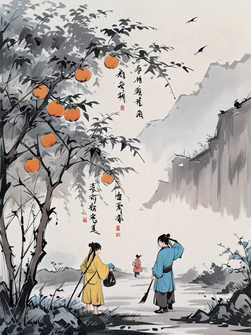 A group of children picking persimmons under a persimmon tree, Jiangnan countryside, Chinese children's book illustration, in the style of Feng Zikai, minimalism, line art, ink and yellow colors,white background