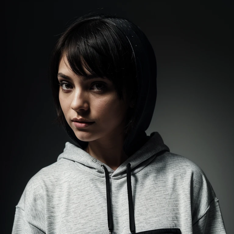 (Monocrhome), dark, (capucha) in love, chiaroscuro, black and white, 90s girl, simple background, minimalistic, beautifull, ((photoshot)), wearing a hoodie, blac clothes, girl with pixie cut hairstyle, woman, dark background highlighting the figure. Natural lighting, stunning realism, minimalistic, simple background, thoughtful expression, (hoodie on), gangsta, nadia.