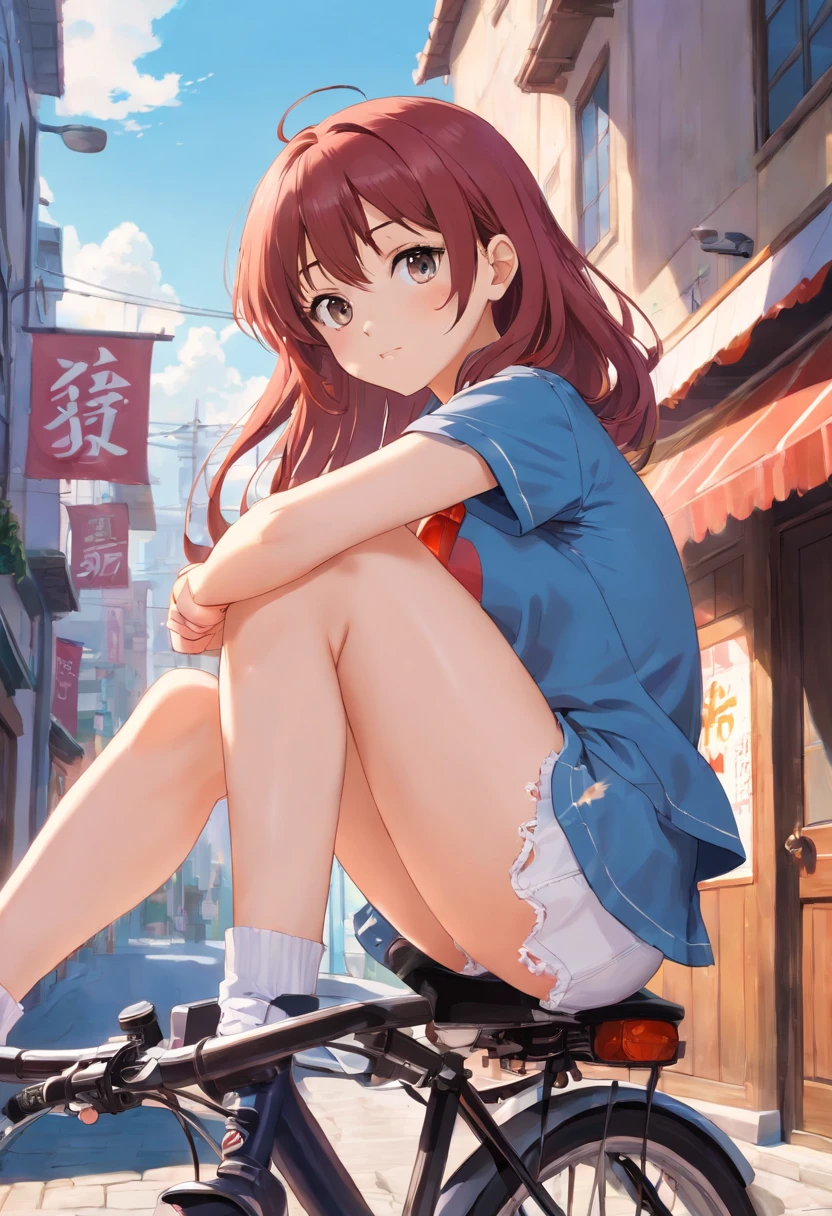 a beautiful young woman sitting on top of a bike, a picture, flickr, white miniskirt, wearing a shirt and a jean, on a pedestal, [ [ hyperrealistic ] ], pixiv contest winner, highschool dxd, 3 d render official art, holo, white panties,
