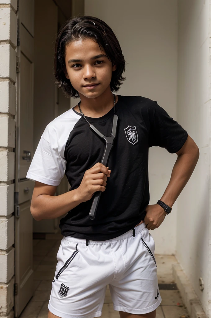 Menino branco de 11 anos com cabelo preto raspadinho segurando uma raquete 