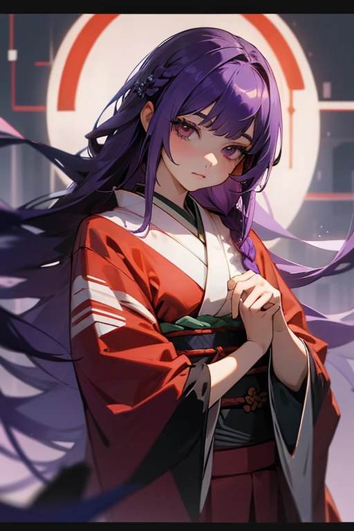1 girl, dull bangs, Braid, wide sleeve, hair ornaments, kimono, red obi, (purple hair:1.2), very long hair, straight hair, looking at the viewer, highly detailed background, (realistic:1.2), fine eyes, red eyeshadow, Depth of written boundary,thigh, (Ulzzang-6500:0.7), Upper body, (alone:1.2), (cyberpunk city:1.1), shiny skin、City of night、