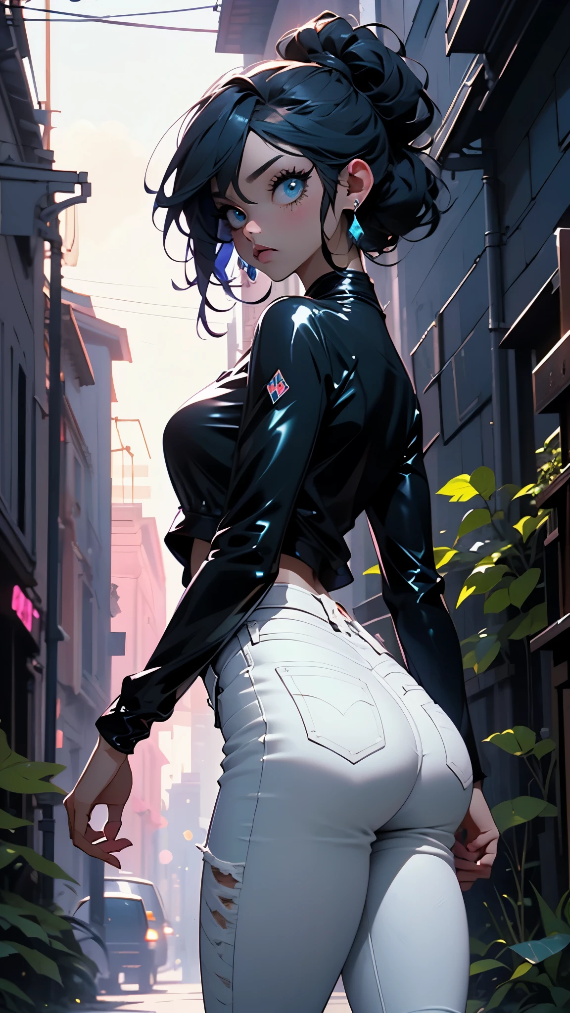 (rear view, backside view),puntaje_9, puntaje_8_arriba, puntaje_7_arriba, puntaje_6_arriba, Classification_explicit, 1 chica, ((18 years:1.2)), adulto, labios llenos, grandes ojos claros, ojos azul claro, ((pelo rubio:1)), (cabello ondulado largo: 1.2),Half-length shot of a black woman behind a cloudy mirror,(white latex shorts :1.4),(top corto blue:1.4), manos perfectas: 1.5, dressed in african design suit,(piel negra:1.4), su imagen parcialmente borrosa, ojos azules y cabello rizado, surrounded by green leaves illuminated with neon lights and semi-curved flowers, atmospheric bright background, imagenes hermosas y de mal humor, verde, gray and silver color gradation.(solo), (background alley walls big stones:1.4), (white latex fitted jeans :1.4), (piel negra), (estilo kawaii vestuario :1.4)