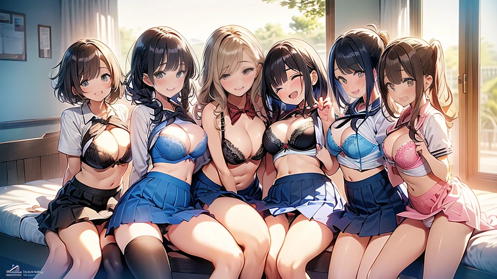 nswf:1.3,(masterpiece: 1.2, highest quality, masterpiece, Clearer images), (Bright colors), ((Take clear photos even from a distance)), (multiple girls), (Harem), (School classmates), (((All school uniforms have the same design))), (((Everyone is wearing the same navy blue skirt))), (()), ((prostitution婦)), (prostitution宿, on the bed), (cute Japanese((6 girls))), (((infant&#39;face))), ((group shot)), (group selfie), wide angle, soft light, ((((laugh with your mouth wide open)))), (slightly larger breasts), ((prostitution)), (lure), ((viewers love it)), (((A lot of hearts are flying))), Landscape、(((show panty:1.6)))、((((M spread legs:1.4)))、((female masturbation:1.8))、((breast grab:1.3)),(((bra lift:1.2)))、one eye closed、stick out one&#39;s crotch