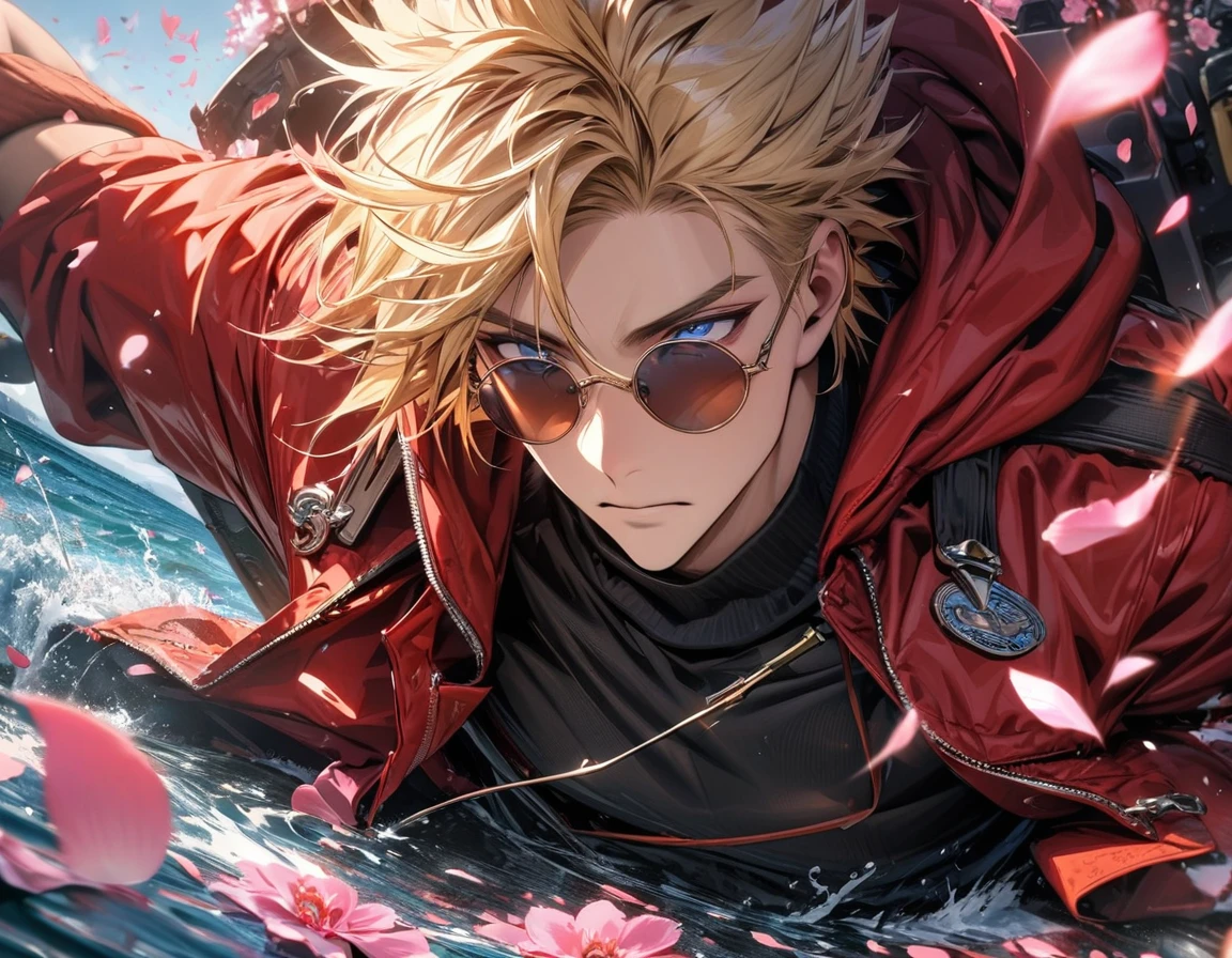 absurdres, highres, ultra detailed, HDR), master piece, best quality, Vash Stampede, blond hair, expressive blue eyes, amber round sunglasses, Trigun, red jacket with a hoodie, black turtleneck shirt, 1man, handsome, water, pink petals, pink flowers, pink butterflies