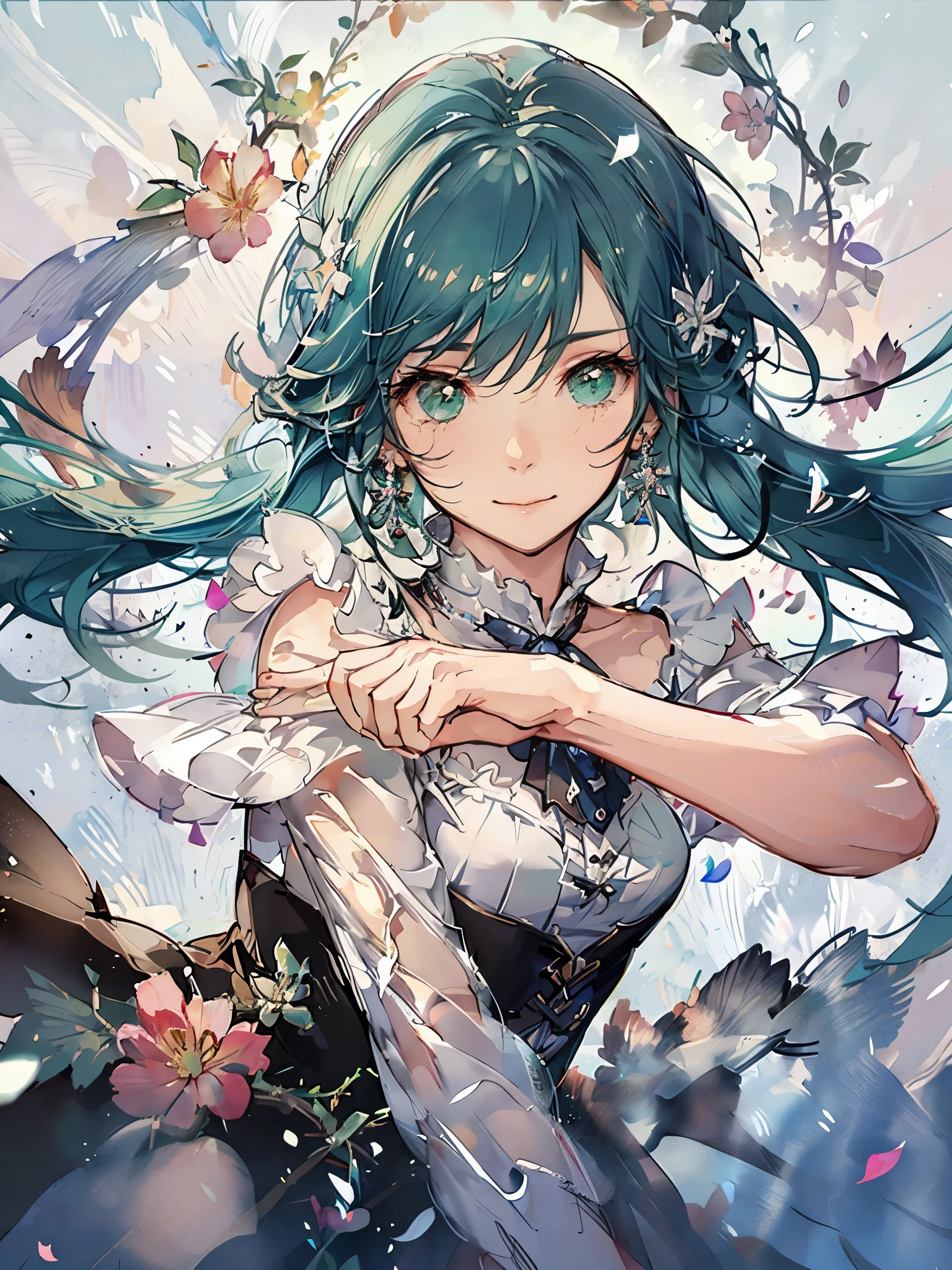 Um lindo e delicado retrato de uma linda garota brincalhona com cabelo curto de , cabelo preto, mar verde esmeralda, sorriso travesso, dancing petals, (maximum quality, obra de arte, ultra-realistic) and petals floating in the background