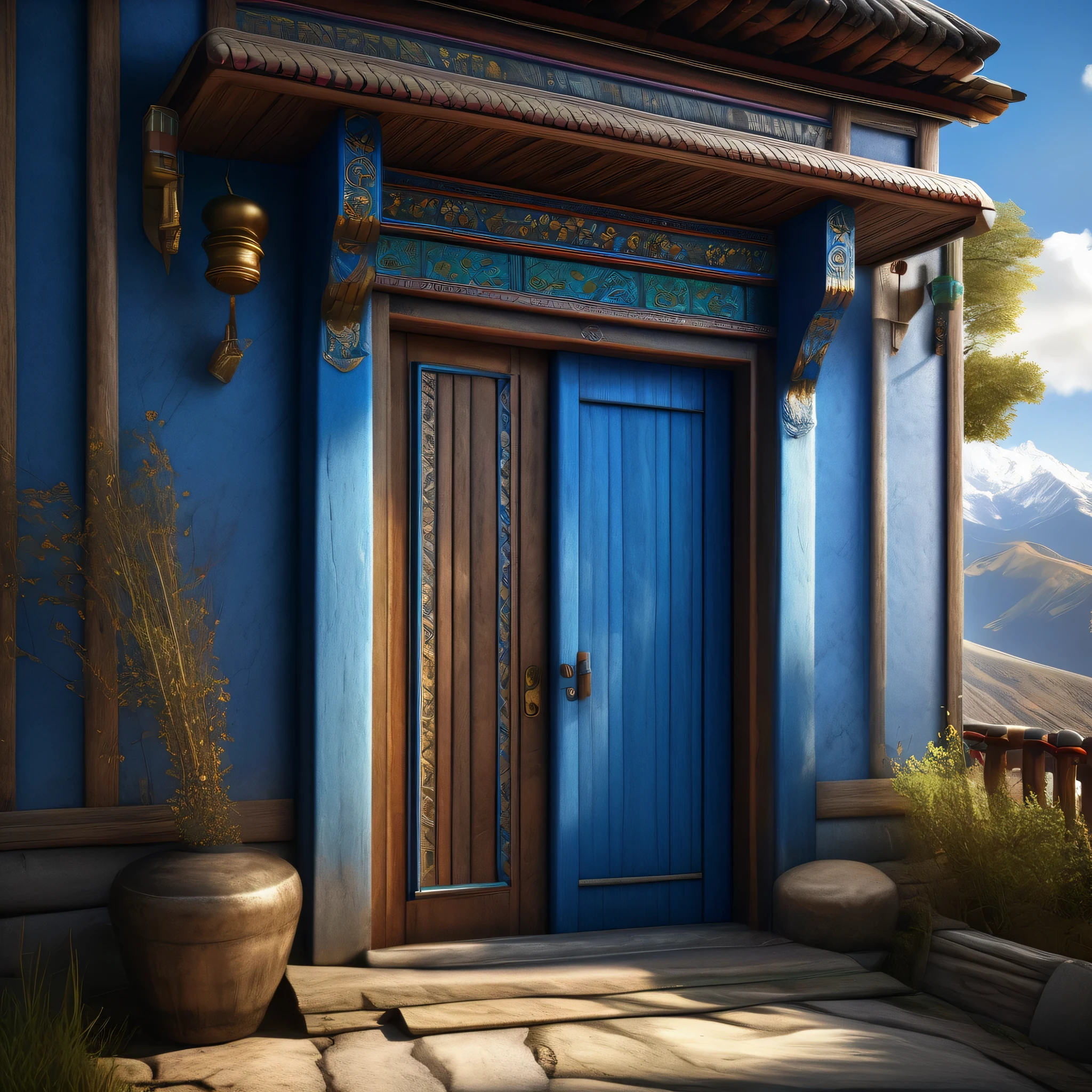 doorway to a house with a blue wooden door, tibetan hillside, highly detailed scene, balcony door, realistic afternoon lighting, highly detailed environment, photo realistic style, photorealistic style, highly detailed render, detailed scenic view, realistic establishing shot, photorealistic detailed picture, immensely detailed scene, detailed natural lighting, highly detailed unreal engine, highly detailed photorealistic
