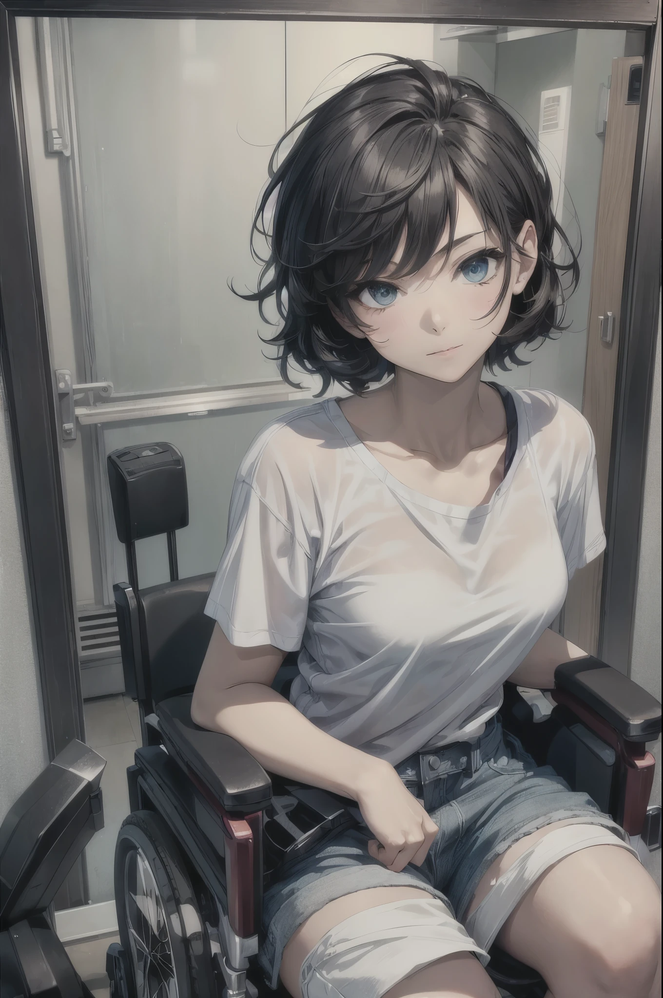 (Super detailed, realistic), Hospital scene, [Moderate:oil], [Professional:1.1], [Physically based rendering], [Bright colors], [sharp focus], [studio lighting], [extreme details], [highest quality,4k,8K,high res,masterpiece:1.2],(focus on upper body),inside the house,inside the room,((1 boy aged 18,femboy,trap)),flat chest,(short black hair),(dark), [nervous eyes],(see-through tops,shorts,boots),((ride in an electric wheelchair)),((operate a power wheelchair))