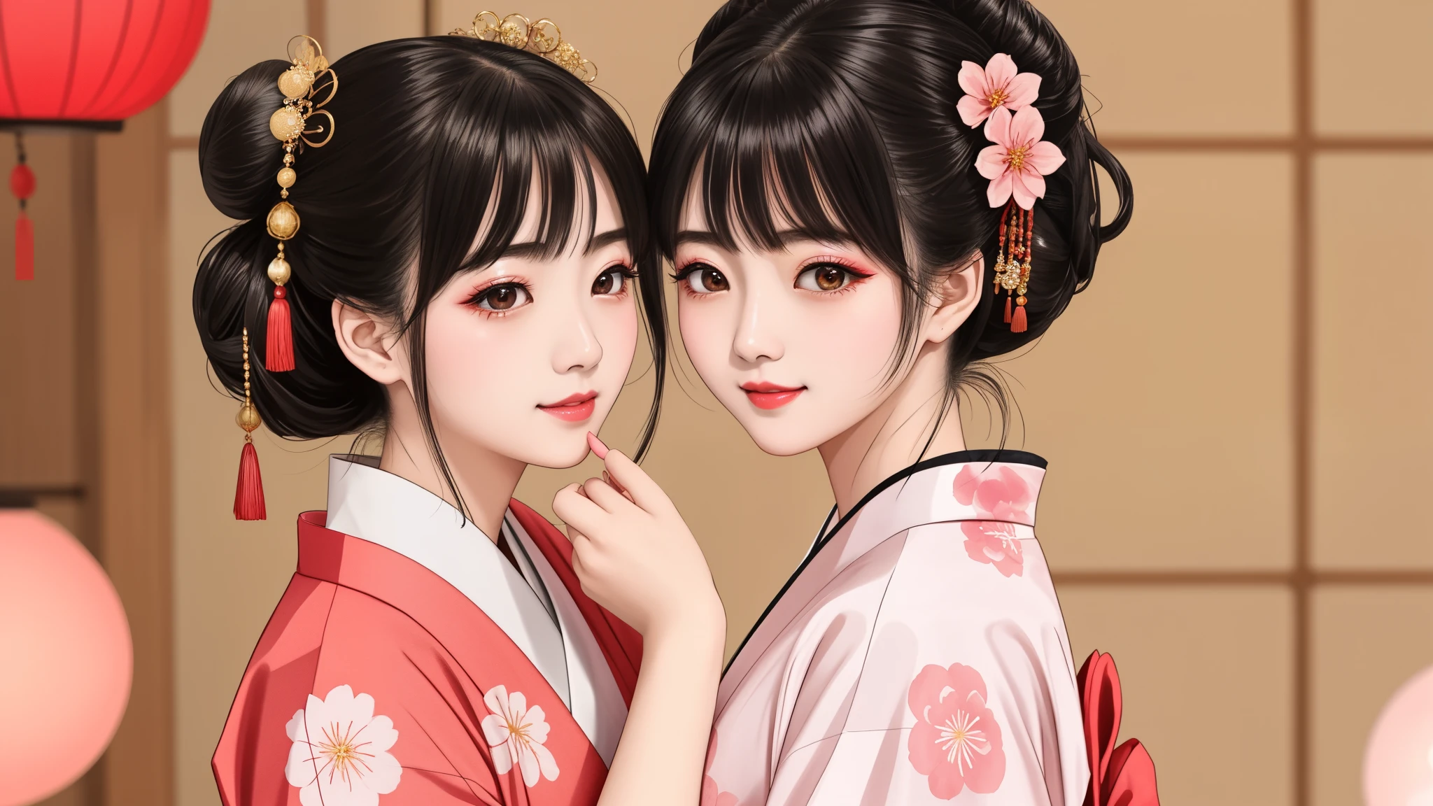 Each has a different expression２People and sisters、(２ girls）、｟Dancing traditional performing arts gracefully)、((big breasts、small face、not exposed))、highest quality、masterpiece、（black hair、Bun Hair）、brown eyes、｟wide angle、Angle from above, from the waist up、雑誌の表紙のPause、Each person has a different perspective when looking into the distance｠、(８K high quality、masterpiece、High resolution、Realistic and beautiful light and shadow、(highest quality)、(high resolution)、(very delicate and beautiful)、(beautiful 8k face)、(Close your eyes while smiling、Beautiful eyes)、(Transparent skin)、(soft hair)、(８head and body)、(Japanese-style yukata kimono with red, pink, and orange floral patterns on a white background, mixed with gold powder、Five beautiful Japanese girls wearing yukata)、((tanabata decoration background))、((small face))、(arms up)、thin and small nose、（red lipstick）、（make cheeks red）、（Glossy skin）、((Ink painting style))、extremely thin eyebrows、Overall super high quality、（She wears maiko-style makeup）、Whitening、long and beautiful eyelashes、Glossy skin、（red cheeks）,straight nose、masterpiece、highest quality、whole body、 eyebrows visible through hair、Bun Hair、grin、gal、コgal、Viewer&#39;s perspective、Plaid、Fashionable、woman、fine、Pause、
Waiting to start 
