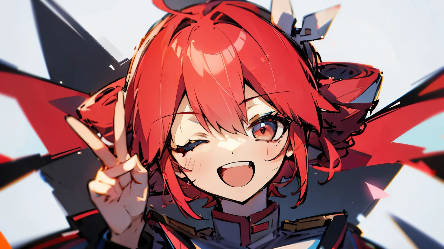 Red-haired girl, put out one's hand, Peace sign, laughing