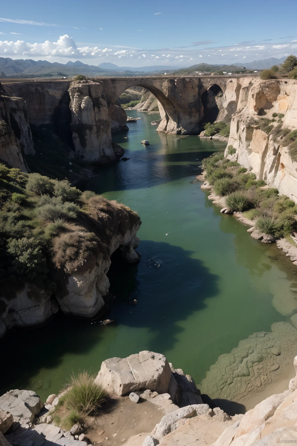 ((Mejor calidad)), ((obra maestra)), (detallado), paisaje perfecto, pintoresco, lagunas transparentes, rocas gigantes de colores neutros