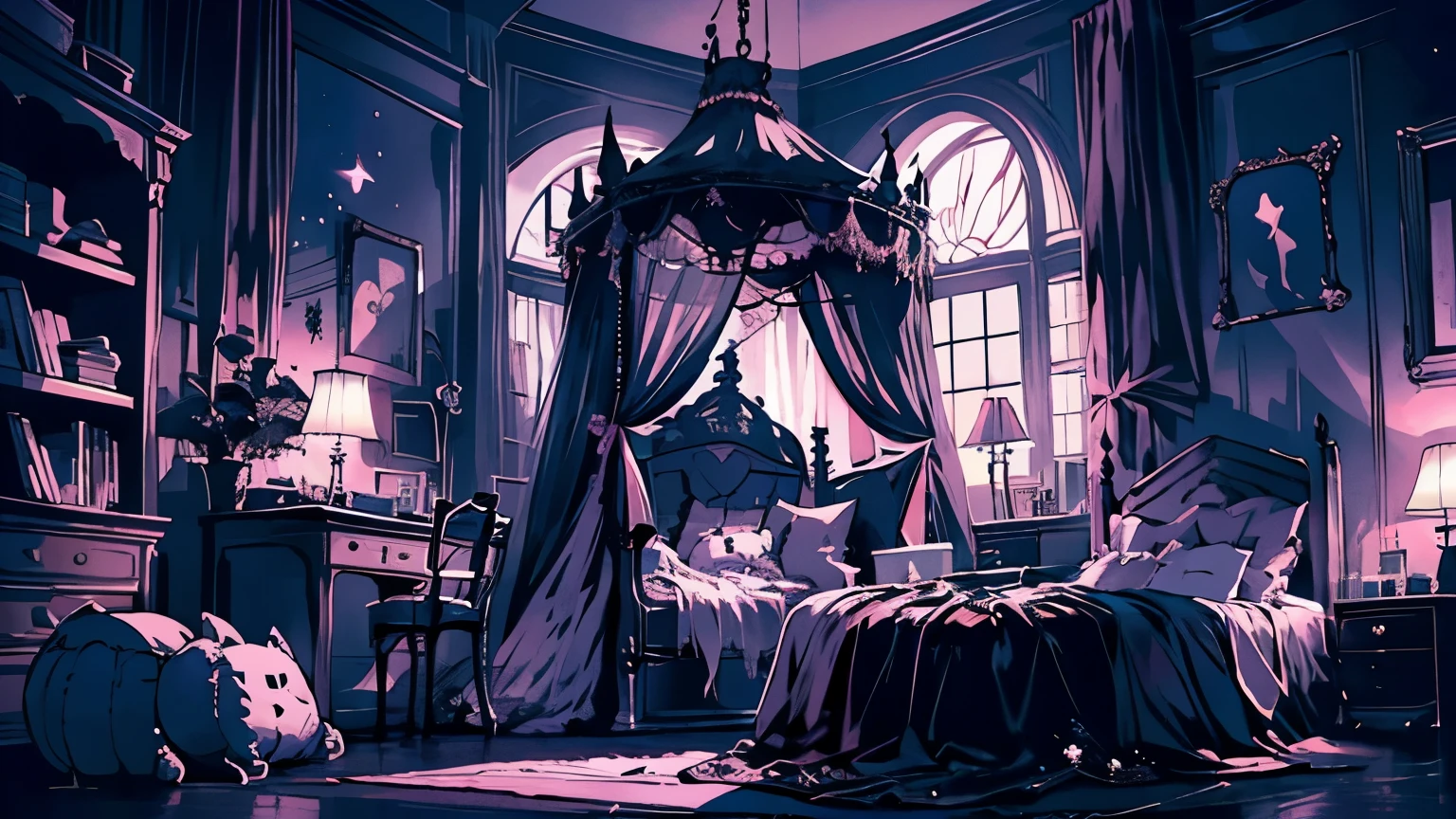 background、highest quality、detailed、gothic atmosphere、Room illustration、、Illustration in black and pink tones、spacious room、night、深night、窓から美しいnight空、lace curtains、Gothic bed、one chandelier、Gothic furniture、bookshelf、Plush rug、There are no living things、wide range composition、Deformed illustration、dark atmosphere、nightの静けさ、starry sky、Crescent Moon、Crescent Moonと星の電飾、Nobody is here