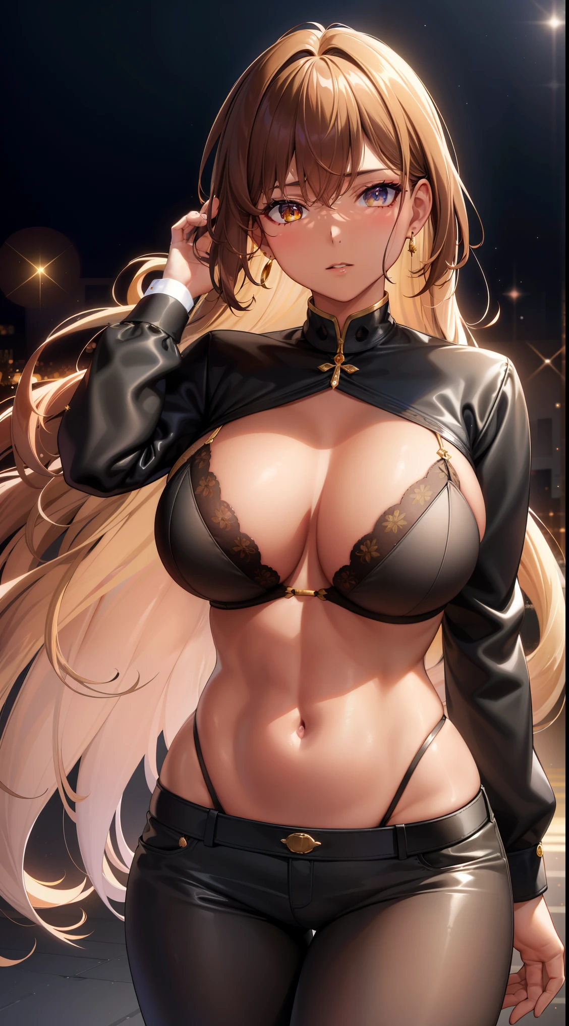 (best quality:1.5, highres, UHD, 4K, detailed lighting, shaders), best quality eyes, perfect hands, perfect finger brown floral haired, gradient hair, big breasts, brown bra, big thighs, big butt, brown jacket , brown long pants, mature woman , (pov), black background, colorful eyeshadow, dramatic lighting, sparkling eyes, sensual expression, golden earrings, flowing hair, delicate facial features, dark skin, high cheekbones, urban setting, black background, dont look for the camera, lean forward, behind the camera