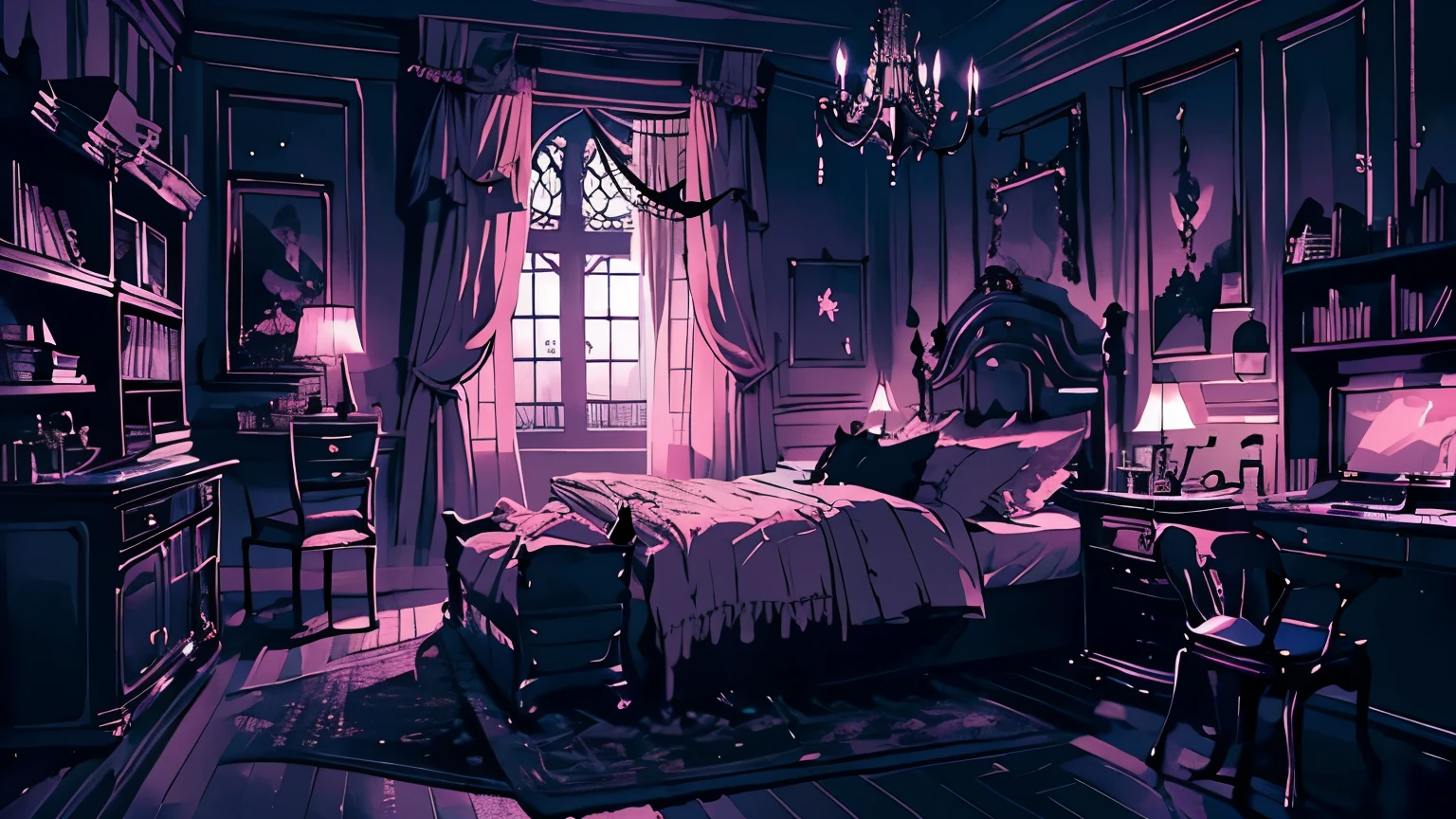 background、highest quality、detailed、gothic atmosphere、Room illustration、、Illustration in black and pink tones、spacious room、night、深night、窓から美しいnight空、lace curtains、Gothic bed、one chandelier、Gothic furniture、bookshelf、Plush rug、There are no living things、wide range composition、Deformed illustration、dark atmosphere、nightの静けさ、starry sky、Crescent Moon、Crescent Moonと星の電飾、Nobody is here