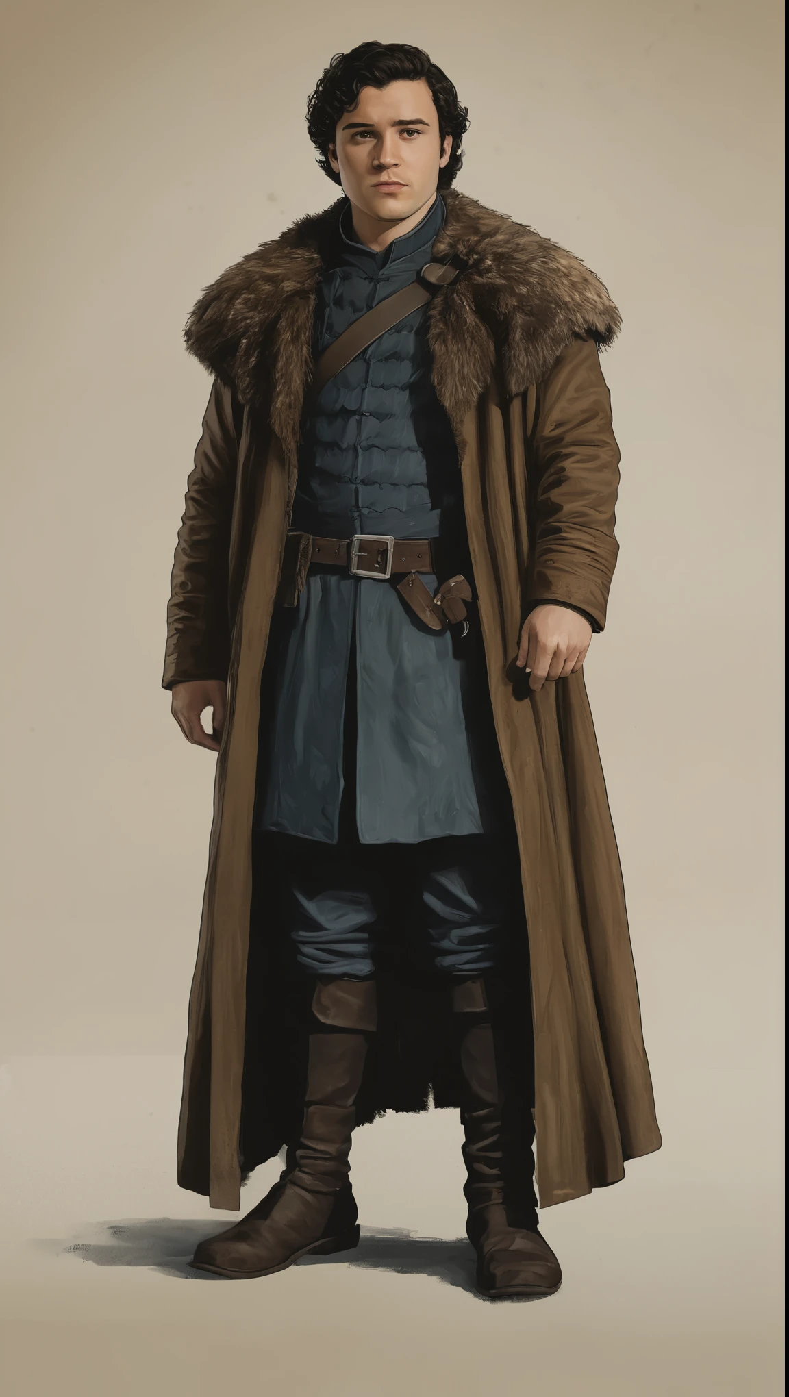 An illustrated movie poster, hand-drawn, full color, a Westerosi man, 28 years-old, wearing a long coat, resembles Gavin Leatherwood, sun-tanned skin, stocky physique, deep brown eyes, wide bulbous nose, black hair, short curly hair, thick bushy eyebrows, extremely hairy chest, stomach, and arms, lots of body hair, posing on a pedestal, hard shadows, graphite shading, stencil markings, airbrushed acrylic paint, masterpiece, in the style of Game of Thrones
