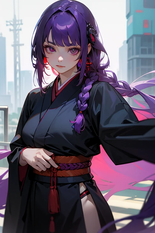 1 girl, dull bangs, Braid, wide sleeve, hair ornaments, kimono, red obi, (purple hair:1.2), very long hair, straight hair, looking at the viewer, highly detailed background, (realistic:1.2), fine eyes, red eyeshadow, Depth of written boundary,thigh, (Ulzzang-6500:0.7), Upper body, (alone:1.2), (cyberpunk city:1.1), shiny skin、City of night、