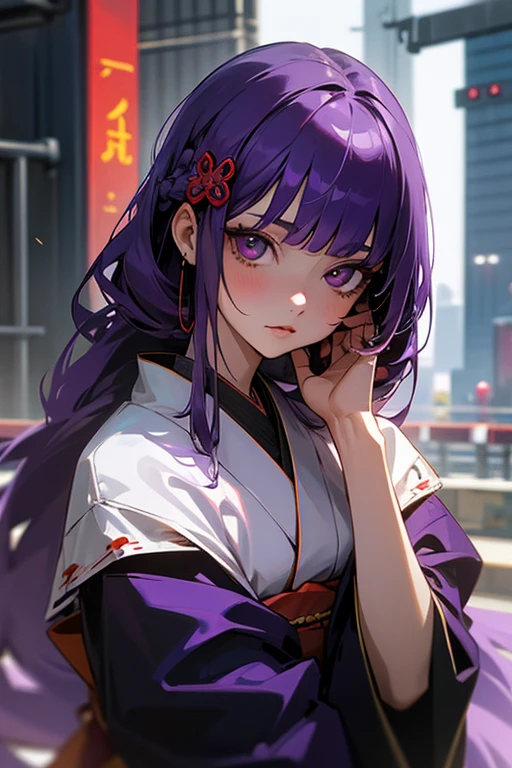 1 girl, dull bangs, Braid, wide sleeve, hair ornaments, kimono, red obi, (purple hair:1.2), very long hair, straight hair, looking at the viewer, highly detailed background, (realistic:1.2), fine eyes, red eyeshadow, Depth of written boundary,thigh, (Ulzzang-6500:0.7), Upper body, (alone:1.2), (cyberpunk city:1.1), shiny skin、City of night、