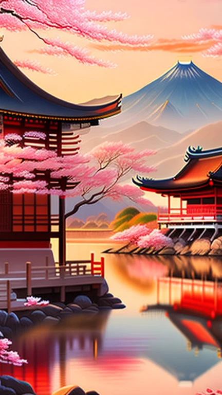 (best quality,4k,highres,masterpiece:1.2),ultra-detailed,realistic landscape,traditional chinese style,katana design,sunset over oriental china feudal,beautiful colors (red,orange,pink),serene atmosphere,cherry blossom trees,silhouette of mountains,painting-like lighting,old wooden buildings and bridges,tranquil river flowing through the scenery,peaceful and calm ambiance,rural countryside setting,traditional japanese elements blended with chinese culture in the artwork,rzminjourney's artistic touch,vector art.