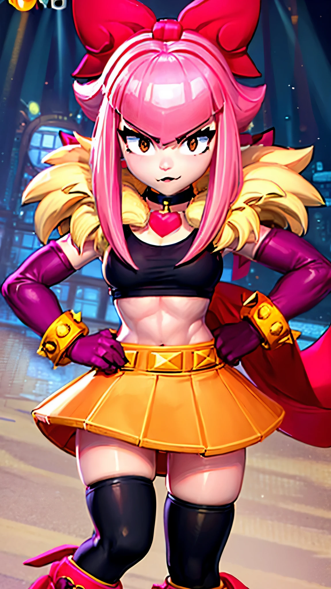 score_9_up,score_8_up,1girl,solo,Melodie,melodiebs,idol,musical notes,pink hair,big bow,elbow gloves,black crop top,yellow skirt,thighhighs,fur stole,choker,pink boots (with X)