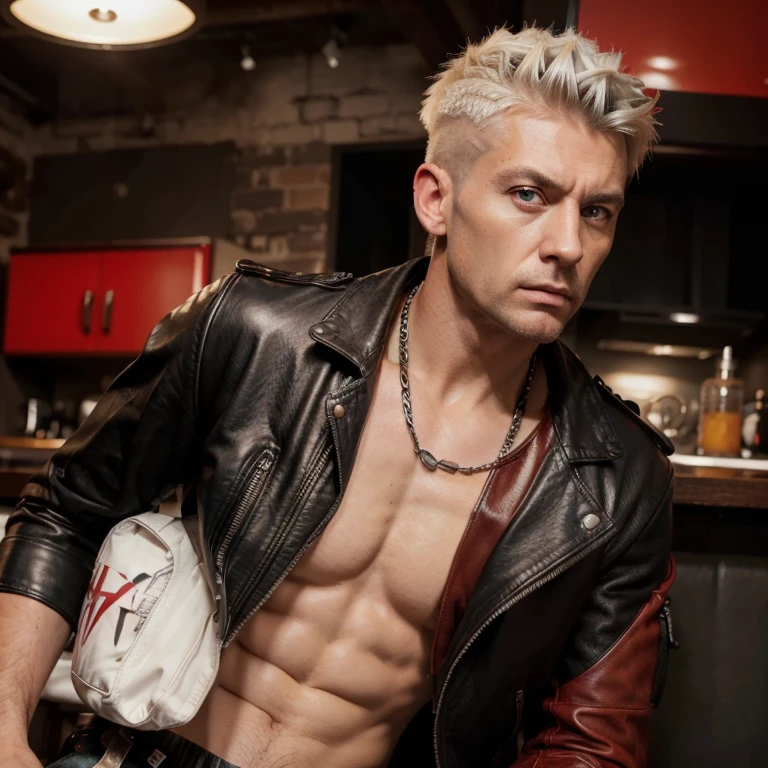 (bbest quality,4k,8k,highres,masterpiece:1.2),realistic,angry white-haired man with red eyes,wearing cargo pants and a closed leather jacket,faux hawk hairstyle,serious expression,moody lighting,sharp focus,detailed facial features,texture of leather jacket,wrinkles around the eyes and forehead,vivid colors