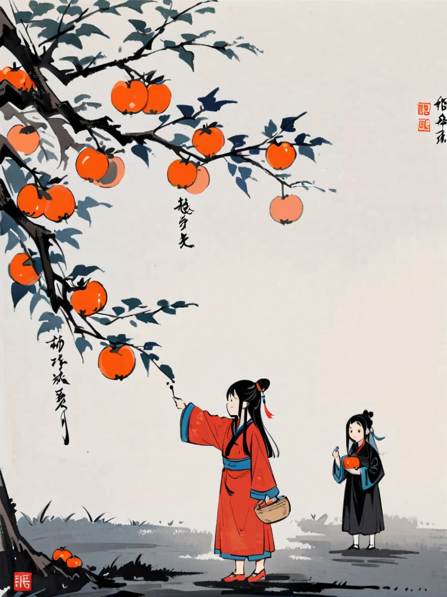 (A group of children picking persimmons under the persimmon tree)，Jiangnan Village，Chinese Children&#39;s Book Illustrations，(Feng Zikai style)，Minimalism，line art，(ink)，White background