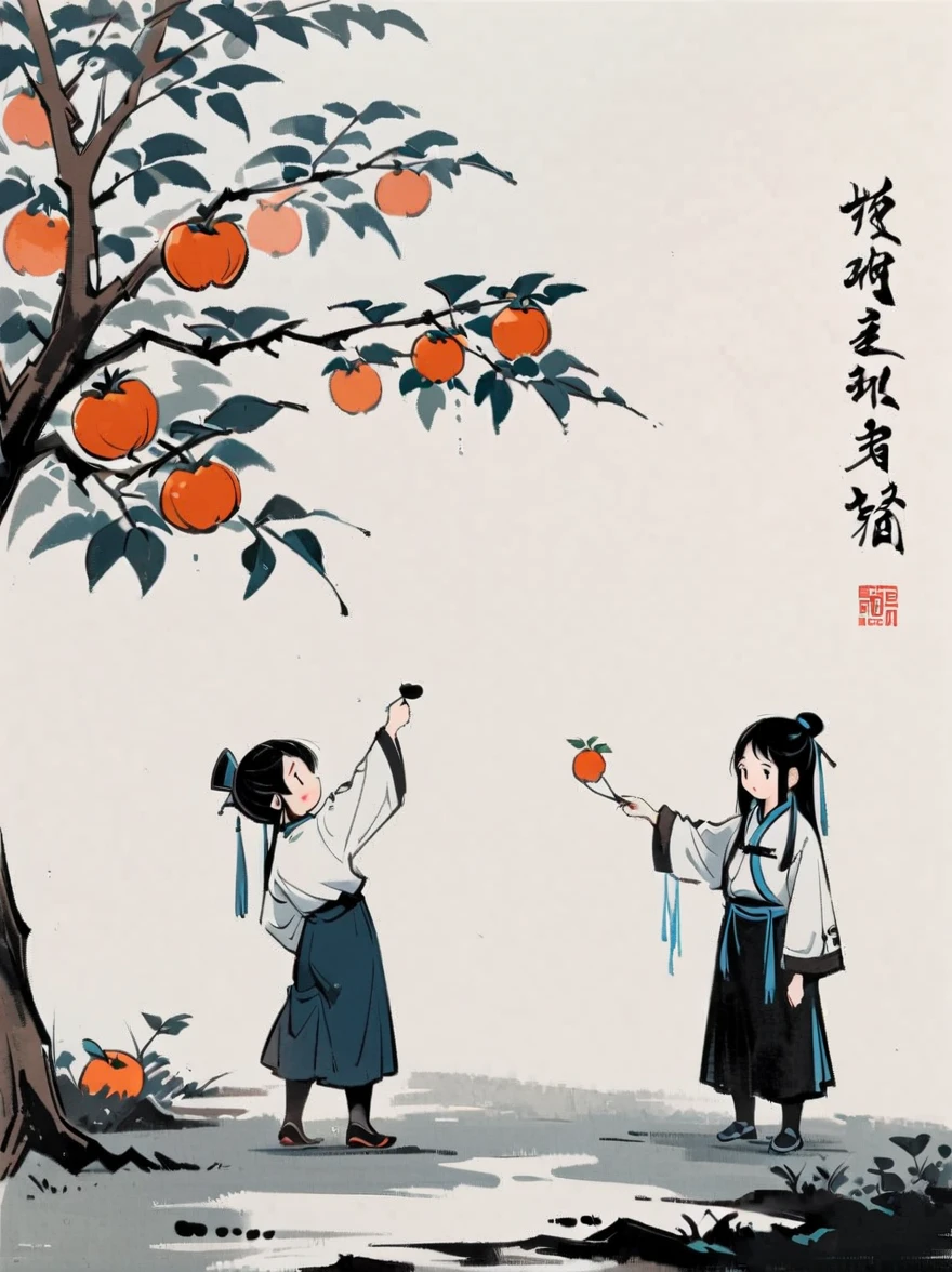 (A group of children picking persimmons under the persimmon tree)，Jiangnan Village，Chinese Children&#39;s Book Illustrations，(Feng Zikai style)，Minimalism，line art，(ink)，White background