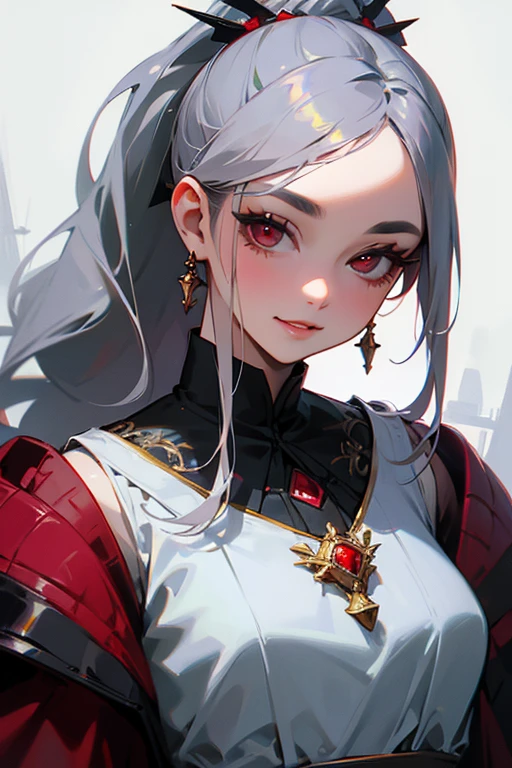 (highest quality, masterpiece:1.2), High resolution, Super detailed, realistic:1.37, fantasy, An illustration,gray hair、 red eyes、Queen, white dress.platinum decoration、beautifully、Eyeshadow Red、dark eyebrows、long eyelashes、pupils are black、shiny on the lips、upper site、Queen、Princess、ponytail、gentle smile、Show your teeth a little and smile、soft expression、