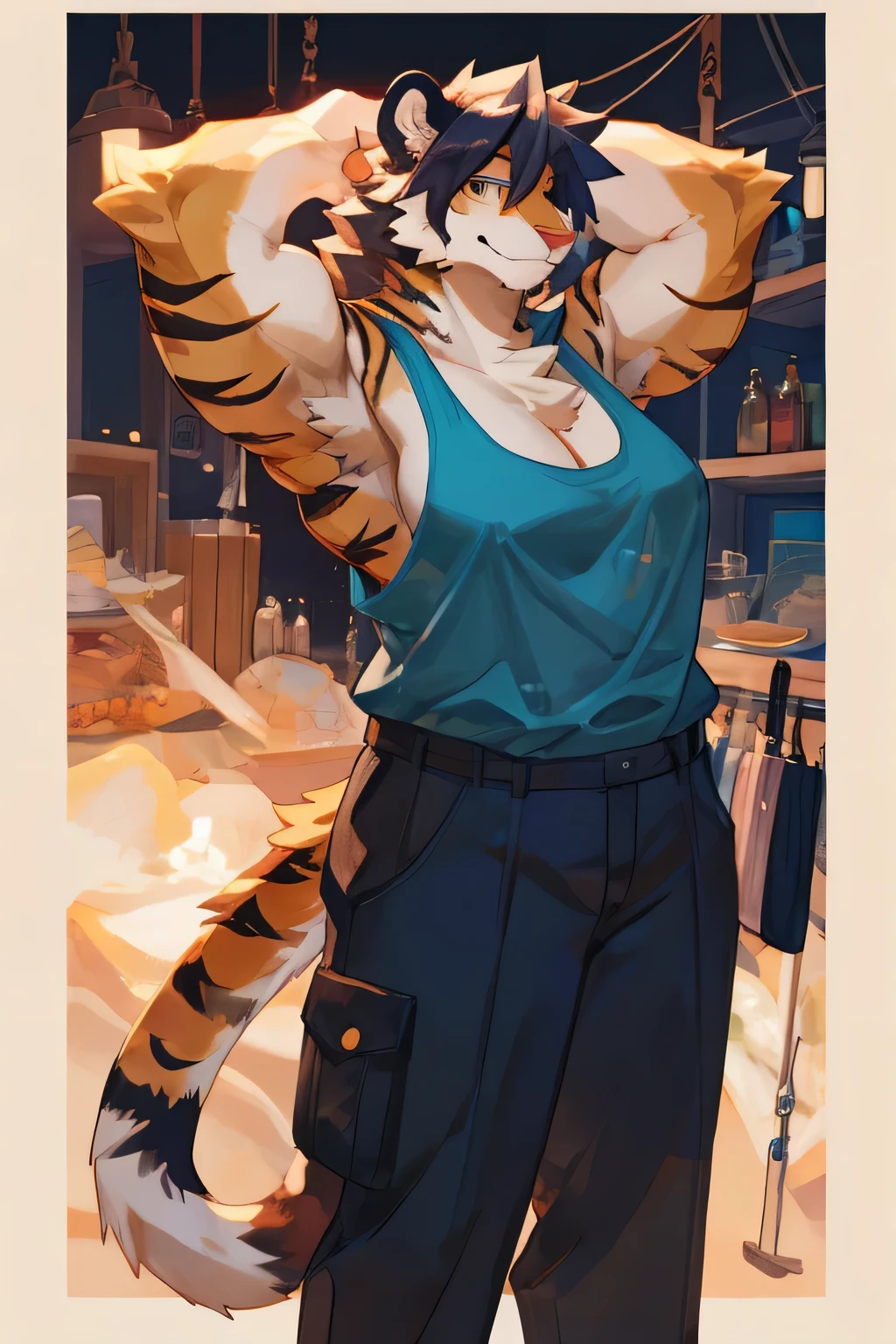 By bigcozyorca, by bebebebebe, by buta99, solo, female, (hair, snout), tiger, ((muscular, tall)), flexing, biceps, tight tank top, armpit hair, cleavage, smirking, fangs, messy hair, glasses, standing chubby