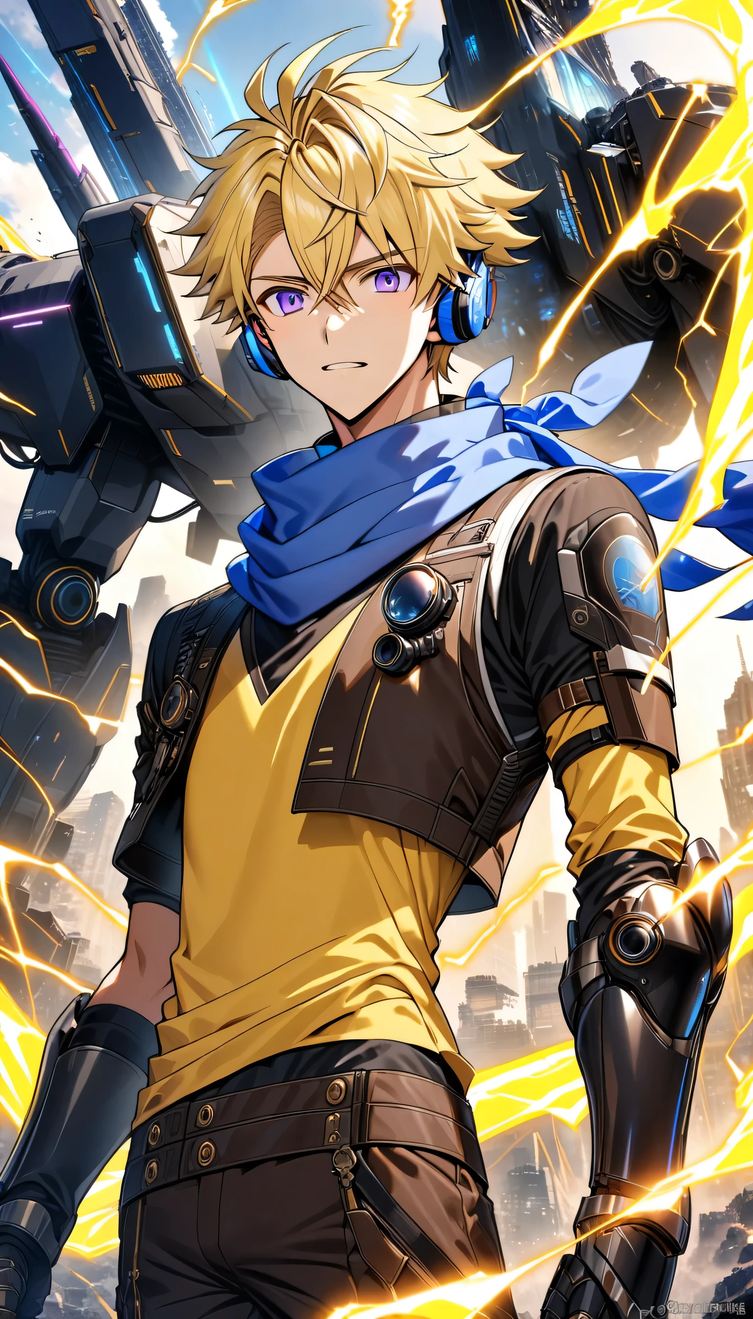  anime male with fair skin, thin but toned body, blonde hair with a few black and white streaks, purple eyes, wearing a black steampunk vest, yellow shirt, dark brown pants, and a blue scarf, with high tech sci fi headphones, high tech sci fi goggles on his hair, high tech sci fi gauntlets, and high tech sci fi greaves. He is also holding a high tech sci fi spear, and prismatic colored electricity is shooting out from his gauntlets. There is a massive mech made of yellow energy in the background 