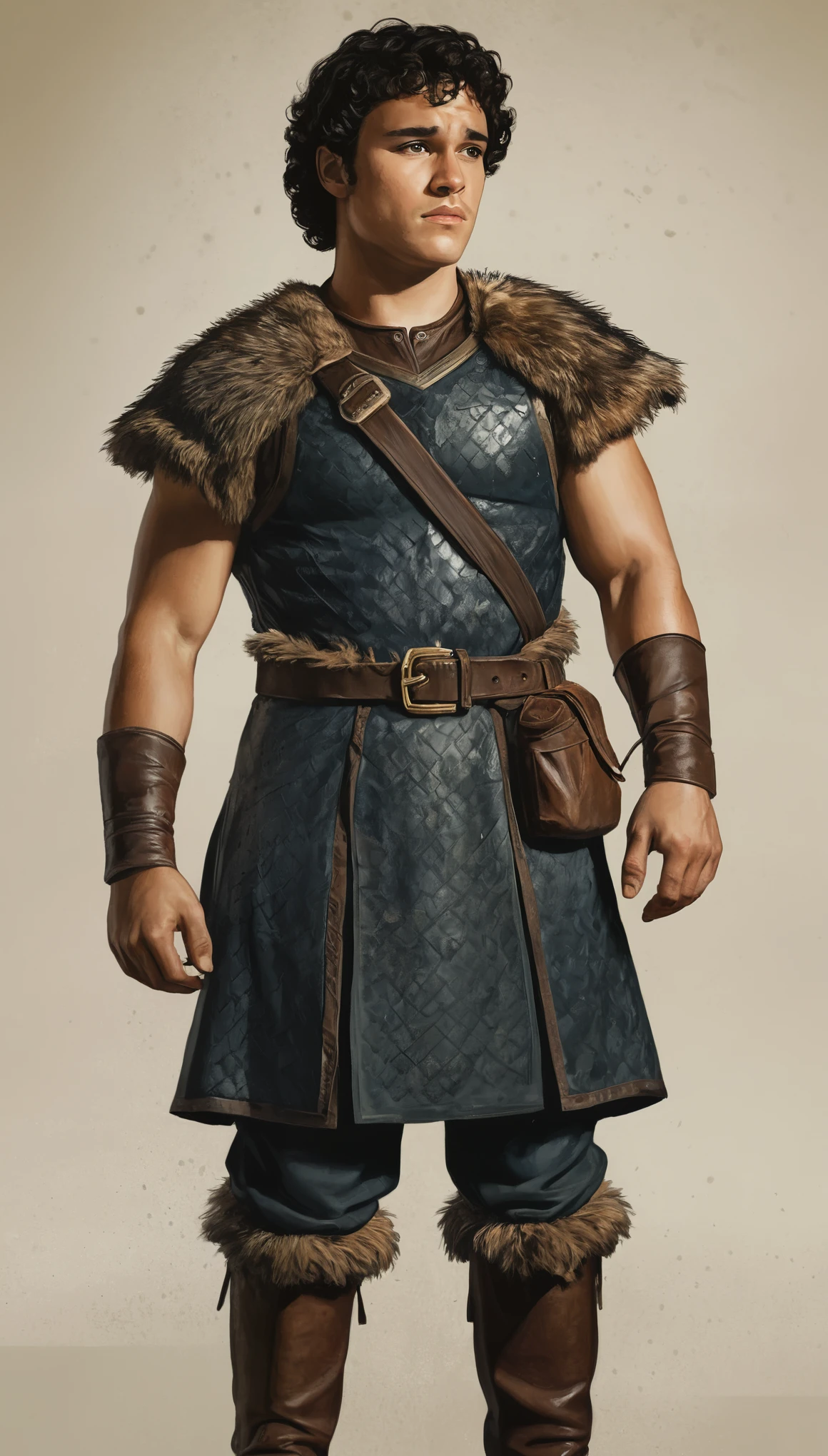 An illustrated movie poster, hand-drawn, full color, a Westerosi man, 28 years-old, wearing a ranger jerkin, resembles Gavin Leatherwood, sun-tanned skin, stocky physique, deep brown eyes, wide bulbous nose, black hair, curly hair, thick bushy eyebrows, extremely hairy chest, stomach, and arms, lots of body hair, posing on a pedestal, hard shadows, graphite shading, stencil markings, airbrushed acrylic paint, masterpiece, in the style of Game of Thrones