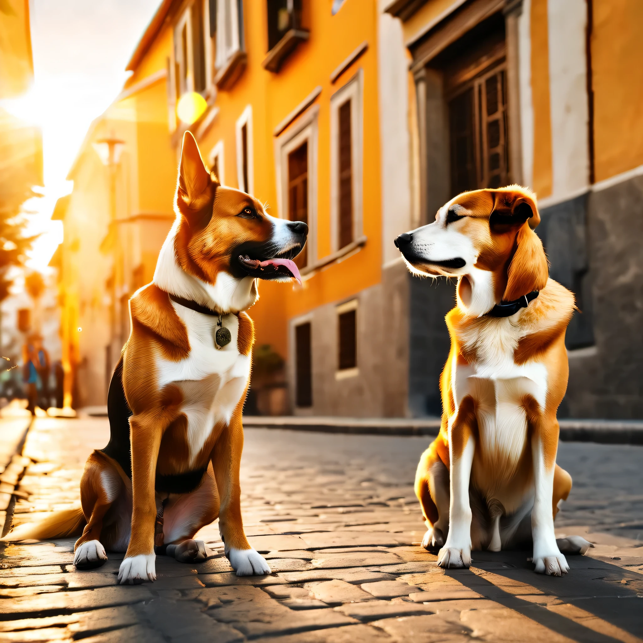 two dogs sitting on the street looking at the sun, two dogs, by Alessandro Allori, shutterstock, dogs, by Alexander Bogen, by Giuseppe Avanzi, at a city street, at the golden hour, by Francesco Filippini, by Giorgio Cavallon, unsplash contest winning photo, watching the sunset, by Emma Andijewska, by Matteo Pérez