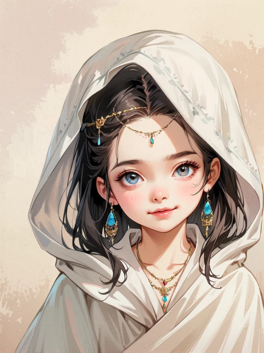 little children,long hair,black hair,(Emma Watson:0.8),(hide in blanket,curtain:1.4),stare,looking at viewer,(upper body,face focus,close up),realistic artist,(head chains,(jewelry:1.3):1.1),necklace,halter,(translucent:1.2), (see through:1.2),(intricate details:1.5),((silly,smug))