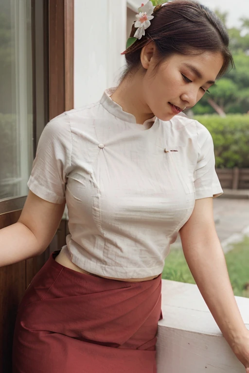 a close up of a woman in a red skirt and a white shirt, a portrait inspired by Ruth Jên, flickr, dau-al-set, with a red skirt, sukhothai costume, red uniform, white waist apron and undershirt, wearing rr diner uniform, traditional dress, long skirt, traditional clothing, traditional tai costume