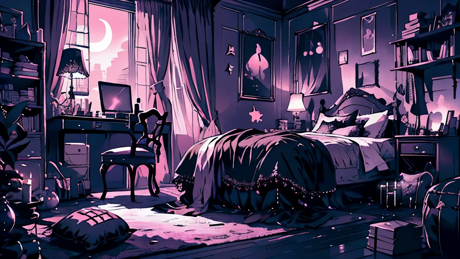 background、highest quality、detailed、gothic atmosphere、Room illustration、、Illustration in black and pink tones、spacious room、night、深night、窓から美しいnight空、lace curtains、Gothic bed、one chandelier、Gothic furniture、bookshelf、Plush rug、There are no living things、wide range composition、Deformed illustration、dark atmosphere、nightの静けさ、starry sky、Crescent Moon、Crescent Moonと星の電飾、Nobody is here