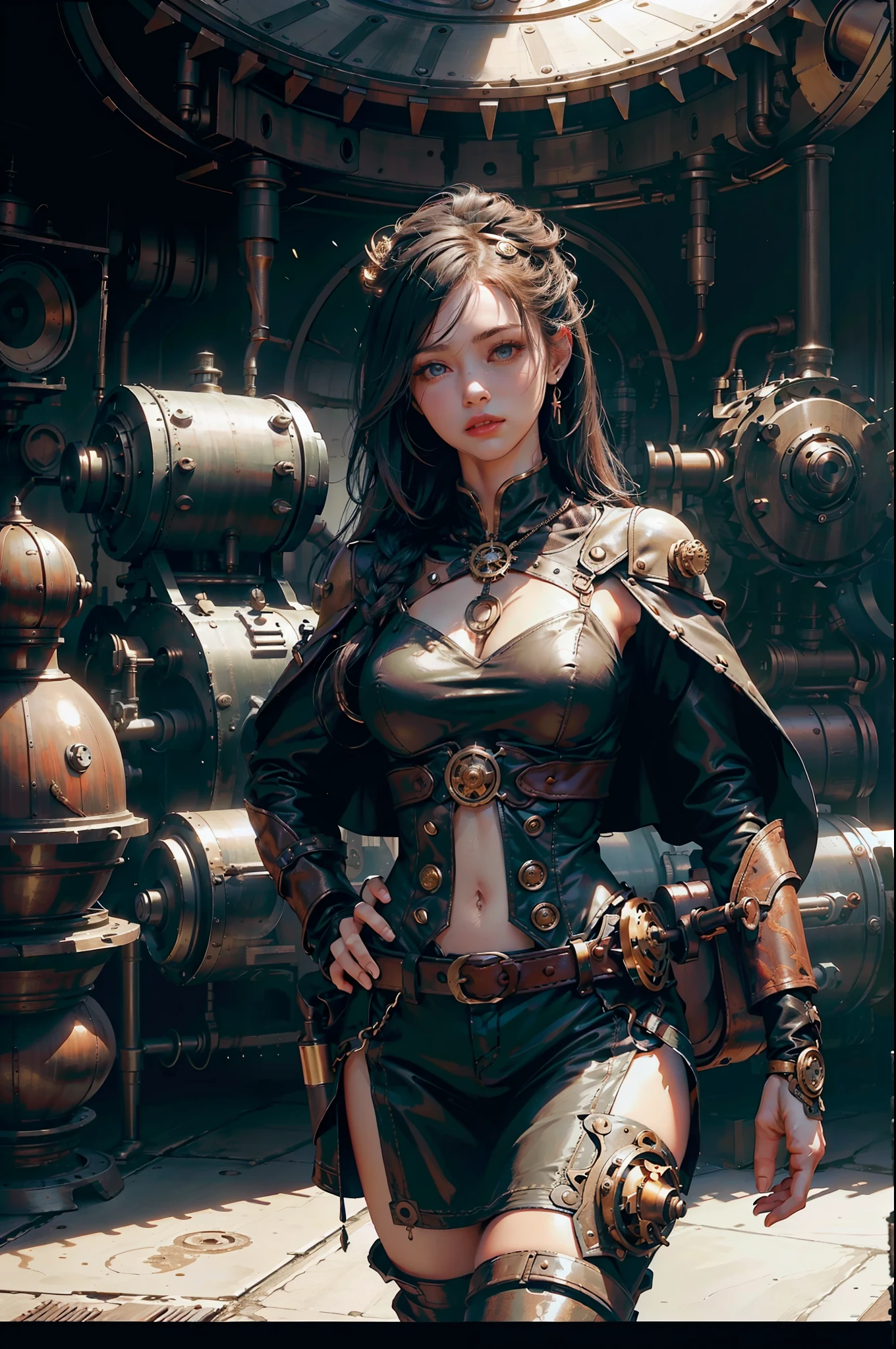 steampunk, BDSM、((table top)), (最high quality), nffsw, retina, Accurate, ((anatomically correct)), rough skin, Super detailed, advanced details, high quality, award-winning, 最high quality, High resolution, 8K, cast a shadow, anaglyph, stereogram, atmospheric perspective, surrealism, Depth of the bounds written, reflected light, Backlight, outside the border, move the chart, outside the frame, dutch angle, dutch angle, cowboy shot, 8K, Super detailed, Accurate, one girl, Beautiful long black hair with bangs, , long eyelashes, solid circle eye, ((very shiny skin)), (Juicy skin), Very shiny clothes, outside the house, Complex mechanical devices, Machine Wall, Gigantic Cogwheel, Countless gears, There are lots of pipes, Steam eruptions, spark of light, Many instruments,action pose, Place your left hand on your hip、Raise your right arm, spread your arms out to the sides, spread your legs,