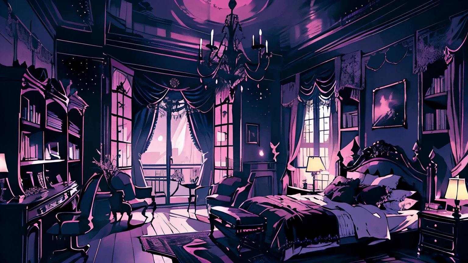 background、highest quality、detailed、gothic atmosphere、Room illustration、、Illustration in black and pink tones、spacious room、night、深night、窓から美しいnight空、lace curtains、Gothic bed、one chandelier、Gothic furniture、bookshelf、Plush rug、There are no living things、wide range composition、Deformed illustration、dark atmosphere、nightの静けさ、starry sky、Crescent Moon、Crescent Moonと星の電飾、Nobody is here